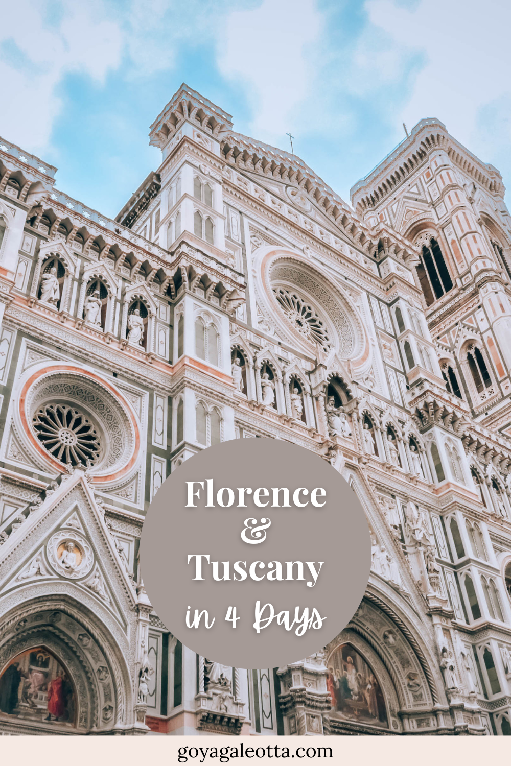 A Pinterest Pin promoting a 4-day itinerary for Florence and Tuscany. The top image shows Michelangelo's statue of David from a side angle, with detailed features of the sculpture's face and shoulders. The middle section features a scenic view of the Ponte Vecchio bridge, adorned with blooming white flowers in the foreground. The bottom part shows a charming entrance to a local Italian shop, decorated with postcards and framed artwork, inviting visitors to explore. The text overlay reads 'Florence & Tuscany 4-Day Itinerary,' with a website link 'goyagaleotta.com' at the bottom.