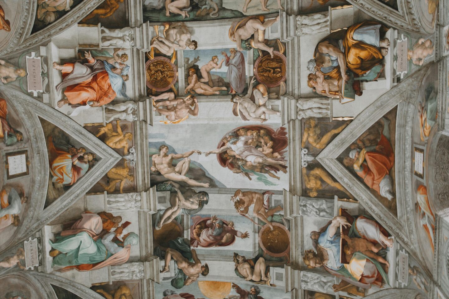Ceiling fresco of the Sistine Chapel in Vatican City, featuring Michelangelo’s iconic “The Creation of Adam” at the centre. Surrounded by vivid biblical scenes and powerful figures of prophets and sibyls, the intricate composition showcases High Renaissance artistry in one of the Vatican’s most visited landmarks.