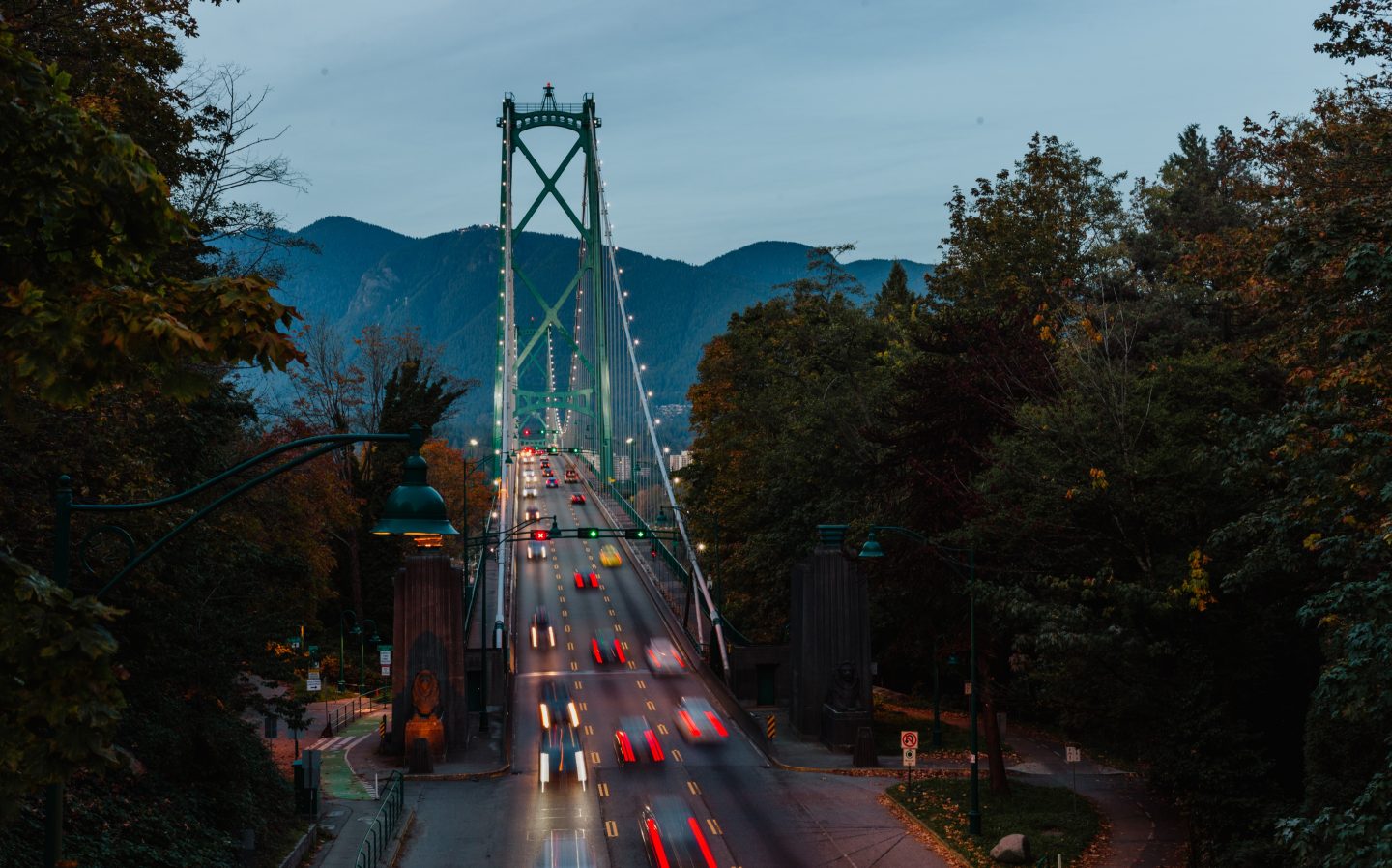 Evening traffic the Lion's Gate Bridge in Vancouver