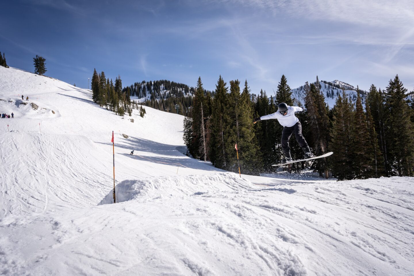 Snowboarder pictured midair in Brighton Resort, Utah