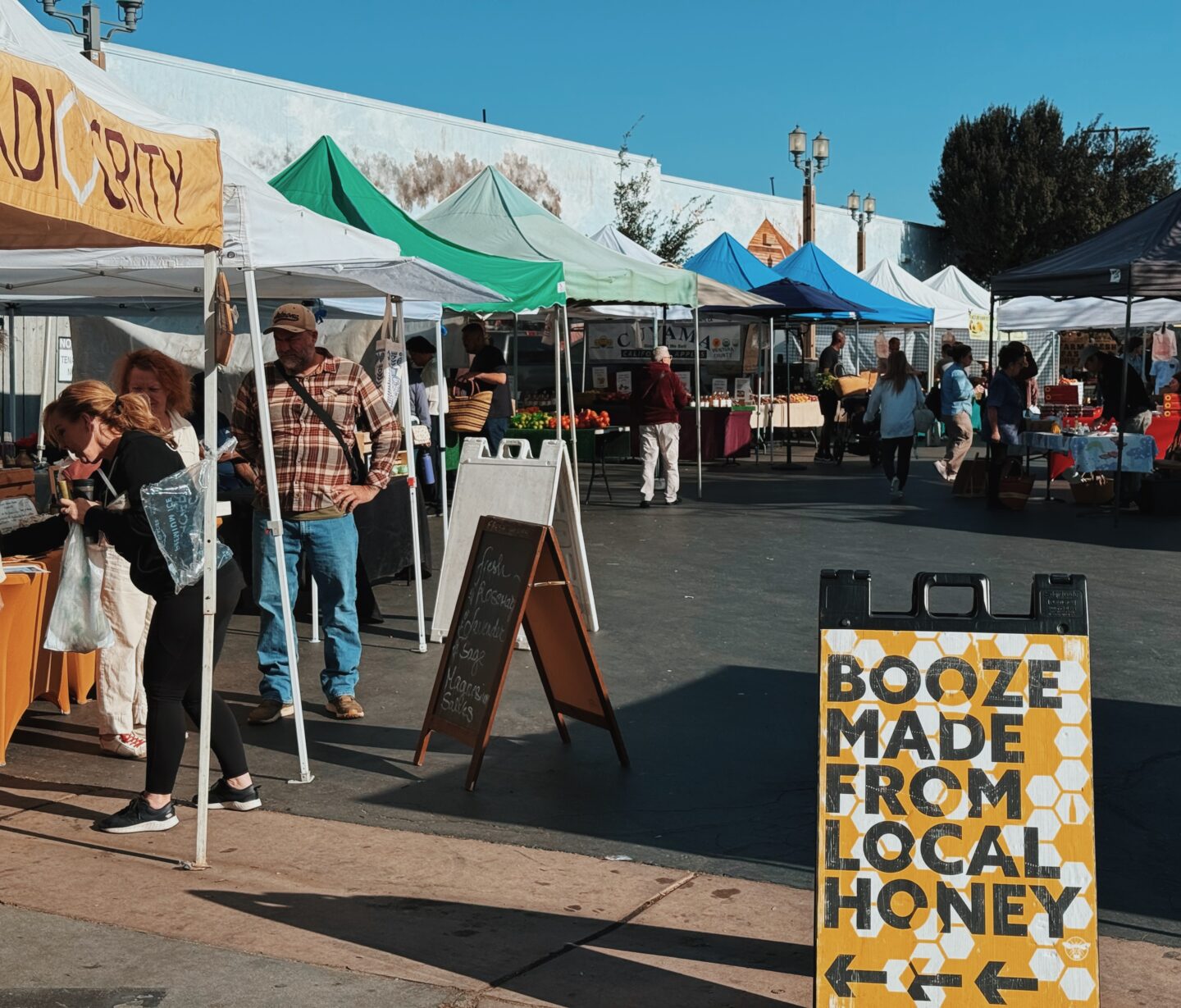Outdoor Temecula farmers market in winter with white canopy tents lined along a sunny street and shoppers browsing fresh produce and local goods. Palm trees and low buildings frame the scene under a clear blue sky, showing a lively seasonal market atmosphere.