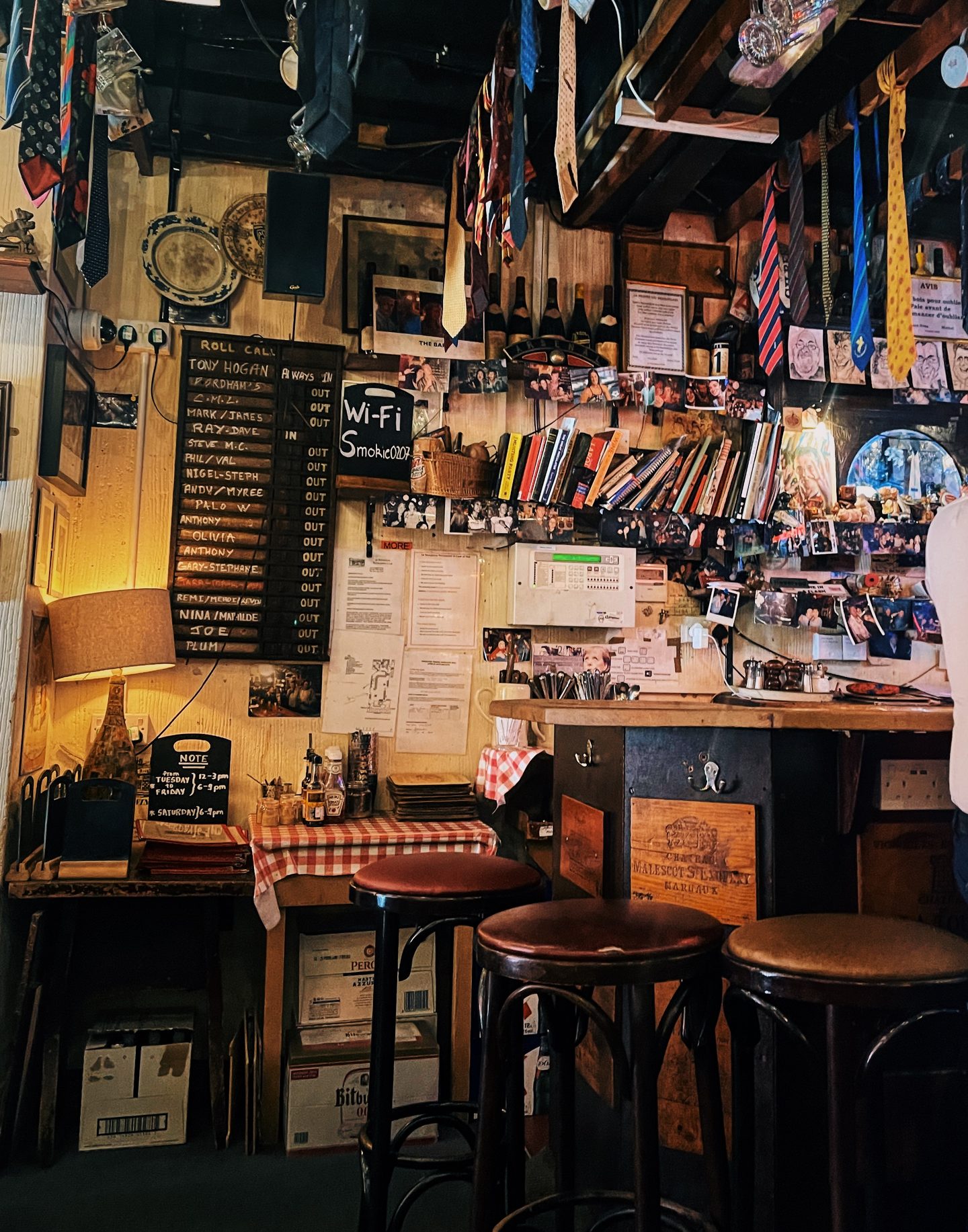 Le Beaujolais in Covent Garden with ties hanging from its ceiling. It's one of the oldest wine bars in London.
